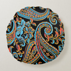 Cojín Redondo Azul Celeste y Naranja Otoñal Vintage Paisley