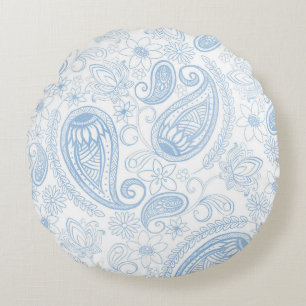 Cojín Redondo Azul Clásico Glitter Paisley Floral Patrón Blanco