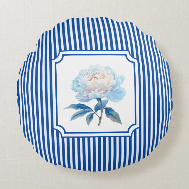 Cojín Redondo Azul Cobalto Floral a Rayas (Anverso)