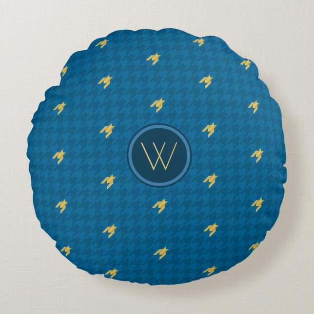 Cojín Redondo Azul con acento dorado Houndstoth Round Pillow (Anverso)