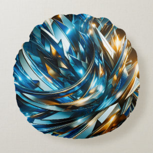 Cojín Redondo Azul Dorado Futurista Abstracto Metálico Geométric