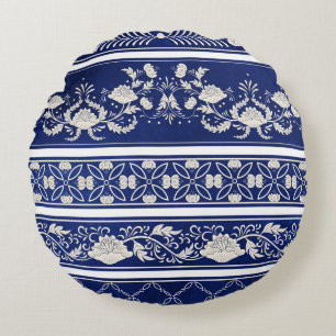 Cojín Redondo Azul floral chino: fronteras acuáticas vintage