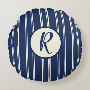 Cojín Redondo Azul Marino Marfil Cálido Elegantes Rayas Clásicas