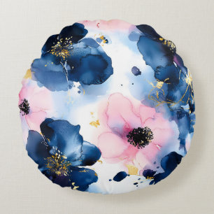 Cojín Redondo Azul Marino Rosado Dorado Floral Acuarela