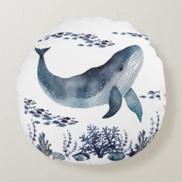 Cojín Redondo Azul Marino Y Ballena Náutica Blanca