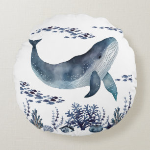 Cojín Redondo Azul Marino Y Ballena Náutica Blanca