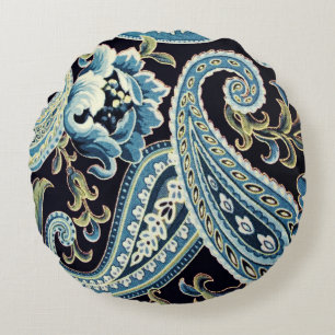 Cojín Redondo Azul Marrón Vintage Paisley