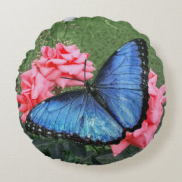 Cojín Redondo Azul Morfo Mariposa Flora Naturaleza floral Arte