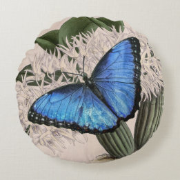 Cojín Redondo Azul Morfo Mariposa Flora Naturaleza floral Arte