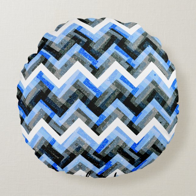 Cojín Redondo Azul Negro Blanco Chevron Texturizado (Anverso)