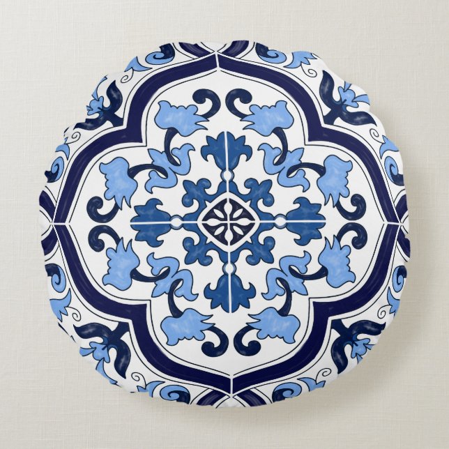 Cojín Redondo Azul Ornate Floral Mediterráneo Tile Siciliano (Anverso)