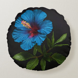 Cojín Redondo "Azul radiante: Hibiscus Flower Against On Black