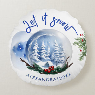 Cojín Redondo Azul Rústico Blanco Invierno Globo de Nieve Bosque