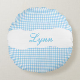 Cojín Redondo Azul Rústico de Gingham con Nombre Personalizado