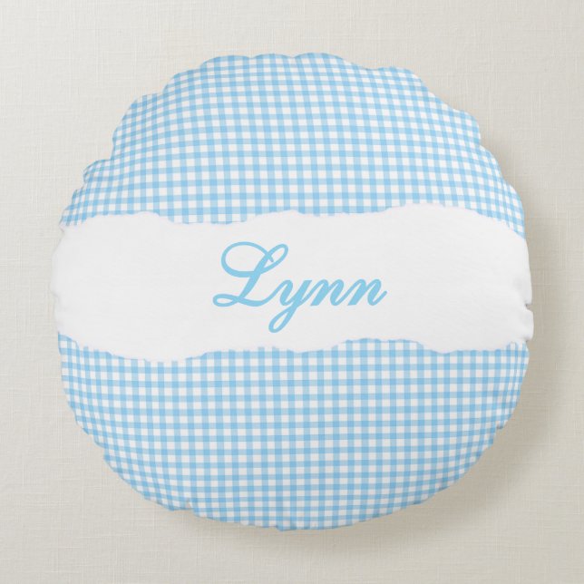 Cojín Redondo Azul Rústico de Gingham con Nombre Personalizado (Anverso)
