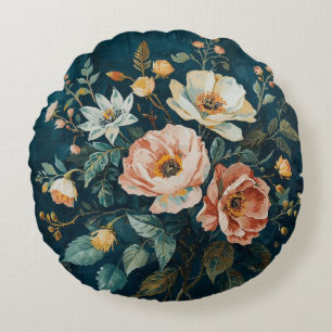 Cojín Redondo Azul Teal Oscuro Naranja Floral Vintage Cottagecor