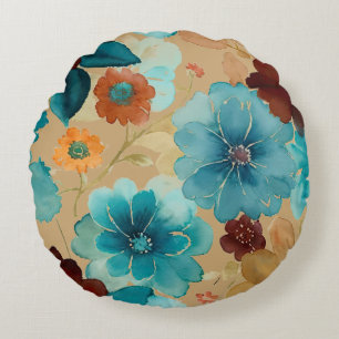Cojín Redondo Azul turquesa, rojo, óxido y bronce floral