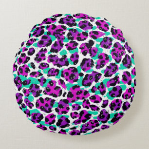 Cojín Redondo Azul Verde azulado rosa magenta de leopardo