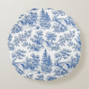 Cojín Redondo Azul Vintage Toile Francés Paisaje Bosque