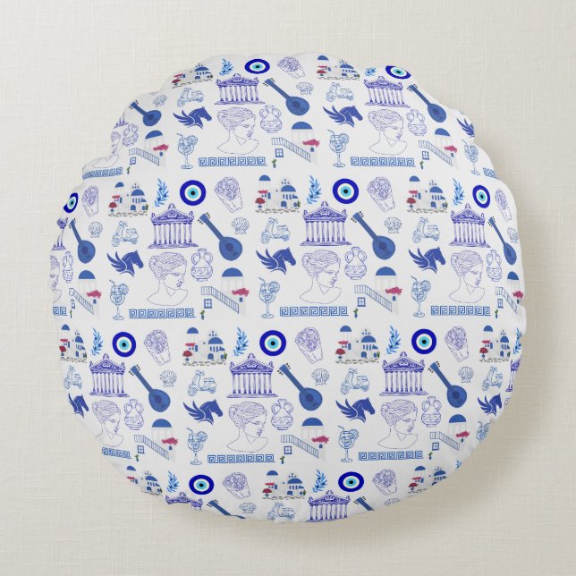 Cojín Redondo Azul y Blanco de Grecia (Anverso)