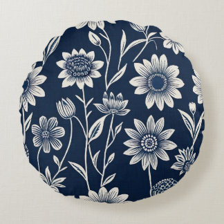 Cojín Redondo azul y blanco - Estilo de impresión en bloque boho