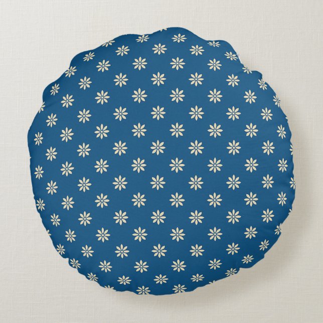 Cojín Redondo Azul y Blanco Floral (Reverso)