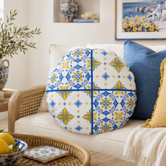 Cojín Redondo Azulejo Mediterráneo de Parche Azul Amarillo
