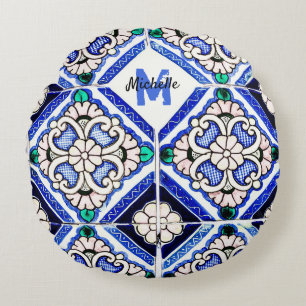 Cojín Redondo Azulejo Patrón Español Mosaicos Naval Monograma Bl