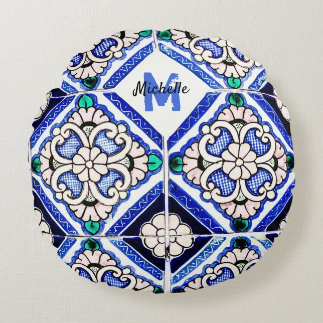 Cojín Redondo Azulejo Patrón Español Mosaicos Naval Monograma Bl (Anverso)