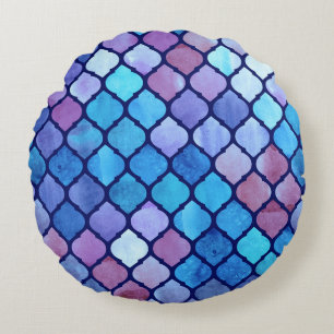 Cojín Redondo Azulejos Árabes Geométricos Abstractos de Acuarela