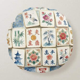 Cojín Redondo Azulejos de Chinoiserie Mahjong Flores Acuarela Pá