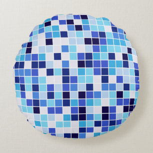 Cojín Redondo Azulejos de Piscina, Baldosas Azules Mosaico, Patr