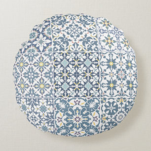 Cojín Redondo Azulejos Mediterráneos, Marroquíes, Mayólica, Azul