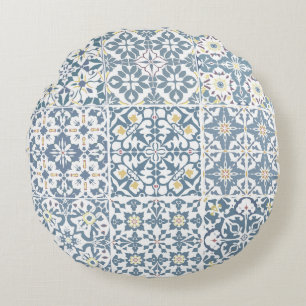 Cojín Redondo Azulejos Mediterráneos, Marroquíes, Mayólica, Azul
