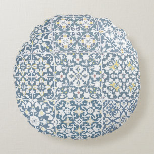 Cojín Redondo Azulejos Mediterráneos, Marroquíes, Mayólica, Azul