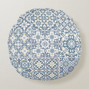Cojín Redondo Azulejos Mediterráneos, Marroquíes, Mayólica, Azul