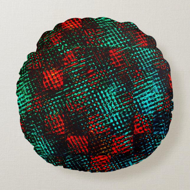 Cojín Redondo Azules rojos y verdes, cuadrados raspados o cubos (Anverso)
