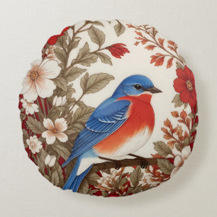 Cojín Redondo Azulillo Oriental Hermoso Floral Rojo