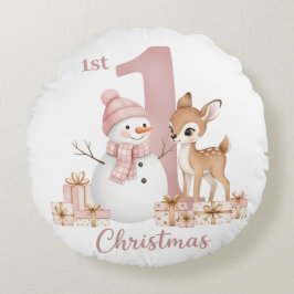 Cojín Redondo Baby Girl First Christmas Snowman Deer