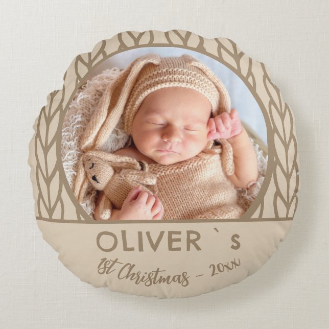 Cojín Redondo Baby`s 1st Christmas Knitting Photo  (Anverso)