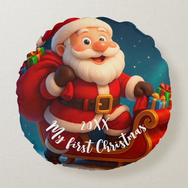 Cojín Redondo Baby’s First Christmas - Cute Holiday Santa (Anverso)