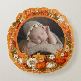 Cojín Redondo Baby’s First Thanksgiving Fall Floral Photo