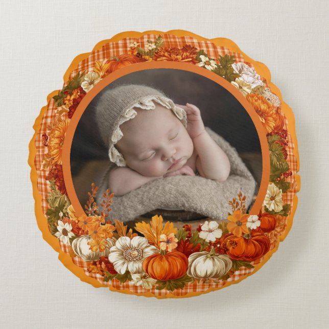 Cojín Redondo Baby’s First Thanksgiving Fall Floral Photo (Anverso)