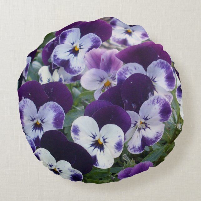 Cojín Redondo Bailando Pansies Púrpura, (Reverso)