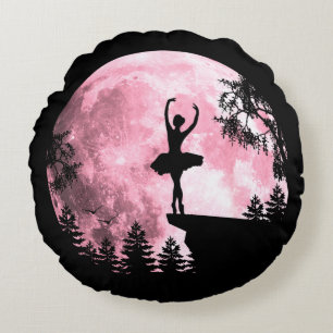 Cojín Redondo Bailarina de ballet bailando con luna llena rosa M
