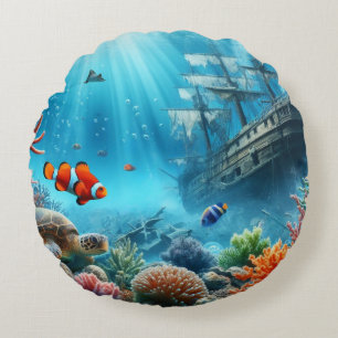 Cojín Redondo Bajo el mar, tortuga, coral, barco, pez payaso