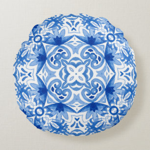 Cojín Redondo Baldosa azul blanca, acuarela sin costura.