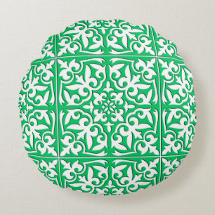 Cojín Redondo Baldosa marroquí - verde jade y blanco
