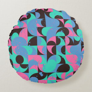 Cojín Redondo Baldosas de patrón inmaculado en negro, rosa neón