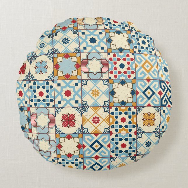 Cojín Redondo Baldosas marroquíes, coloridas y sin costuras. (Anverso)